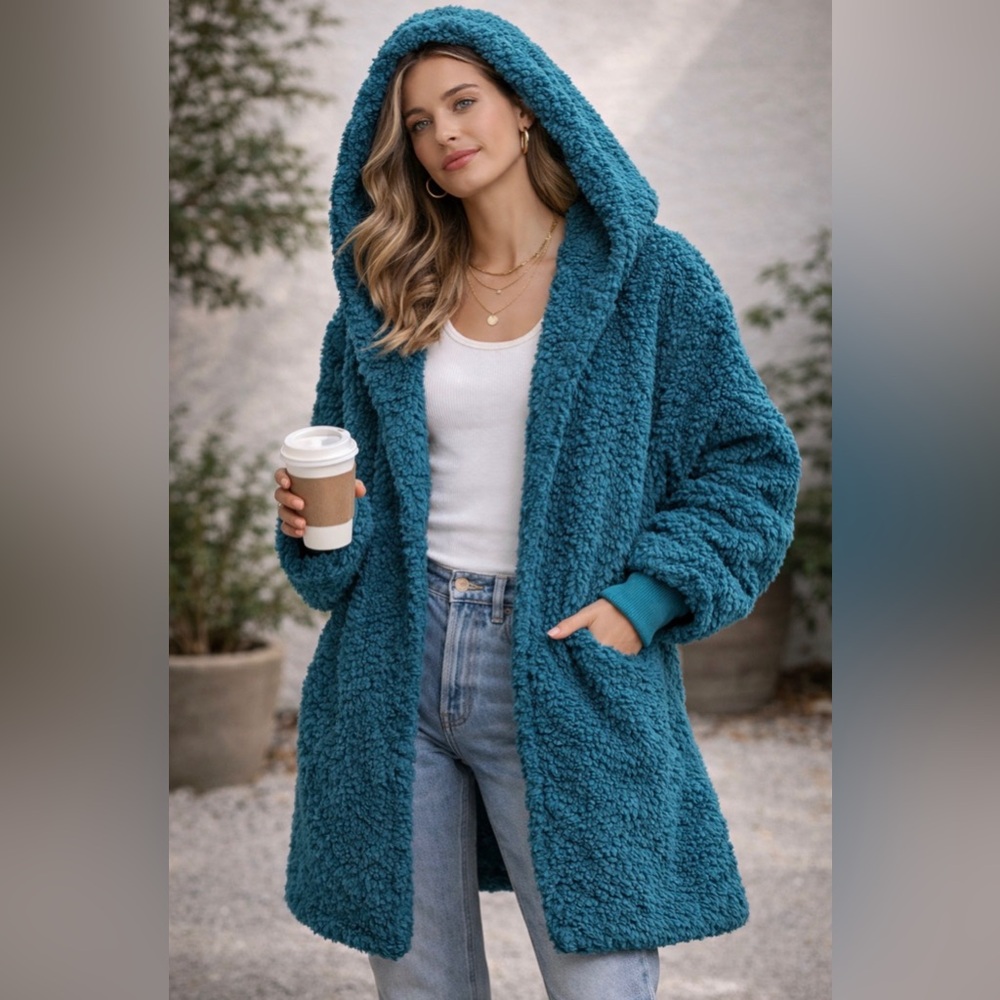 Jill Martin Teal Sherpa Teddy Jacket Hooded Plush Coat M/L NWT $99 Retail